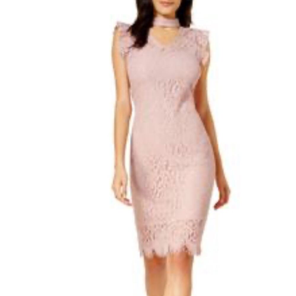 Bar III Women's Powdery Mauve Ruffle Cap Sleeve Lace Choker A-Line Dress sz M